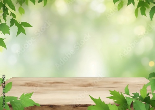 Wooden table with blurred leaves green background for product display montage