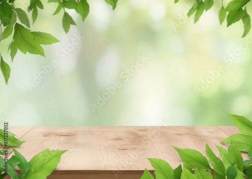 Wooden table with blurred leaves green background for product display montage
