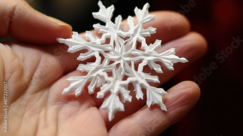 A person holding a snowflake in their hand. Generative AI.