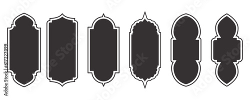 Ramadhan window frame shapes. Vector islamic arch and door. Muslim ornament label. Design elements isolated on white background. Traditional vintage symbols for decoration