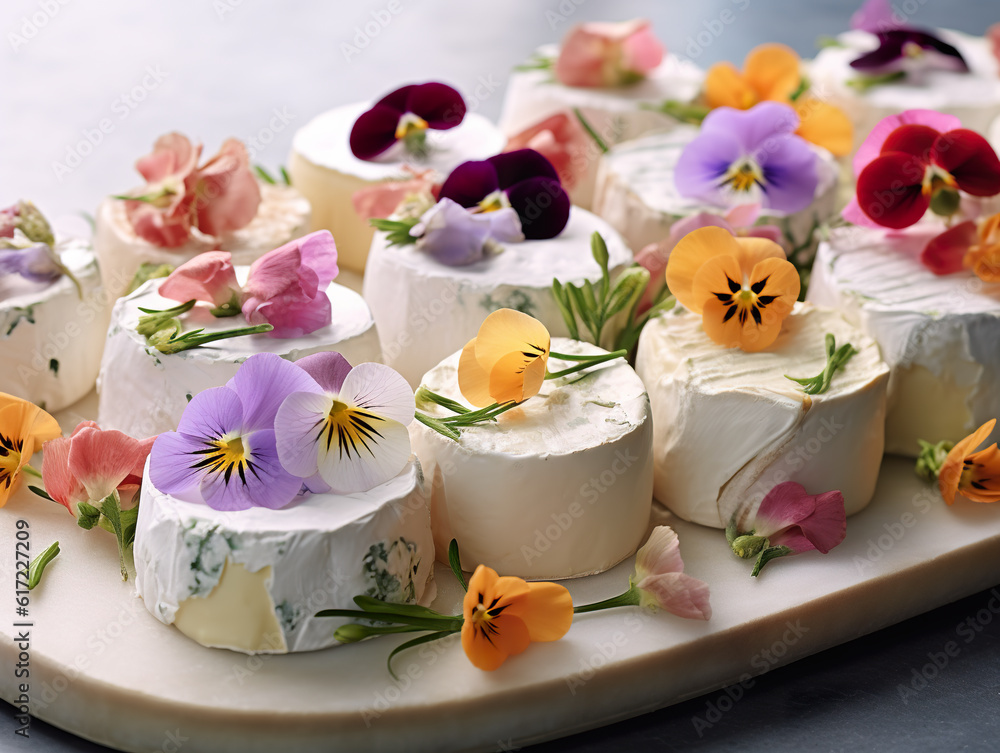 A platter filled with cheese covered in flowers. Generative AI. Edible flower decorations. A platter filled with cheese covered in flowers. Generative AI. Edible flower decorations.