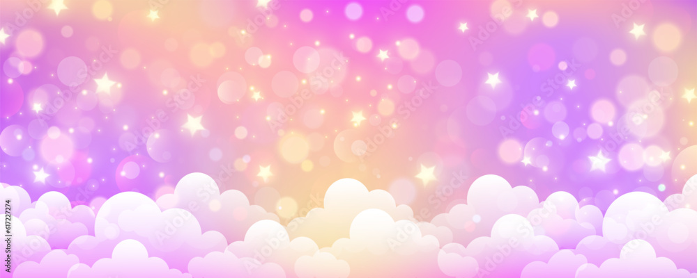 Pastel sky background with clouds and star. Fantasy soft color landscape. Cartoon fairy pink illustration. Vector gradient wallpaper Pastel sky background with clouds and star. Fantasy soft color landscape. Cartoon fairy pink illustration. Vector gradient wallpaper