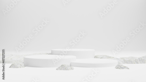 Abstract Background. White podium for premium products display, white marble pedestal nature advertising cosmetic concept on white background. 3d rendering