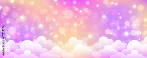 Pastel sky background with clouds and star. Fantasy soft color landscape. Cartoon fairy pink illustration. Vector gradient wallpaper