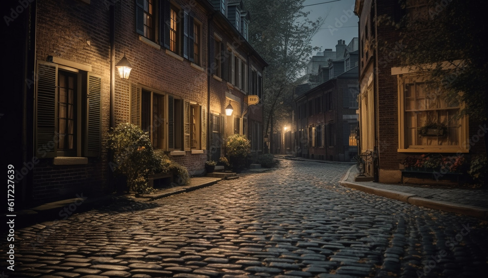 Old architecture illuminated by street lights on wet cobblestone footpath generated by AI