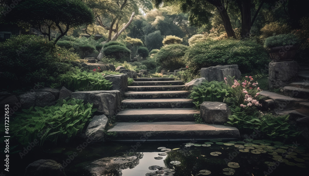 A tranquil scene of a formal garden with stone staircase generated by AI A tranquil scene of a formal garden with stone staircase generated by AI