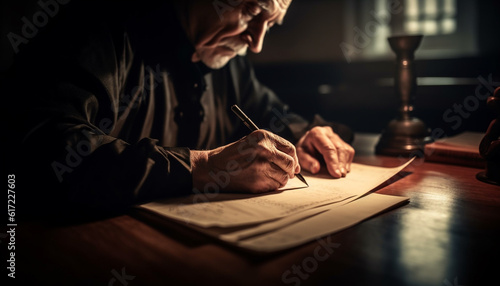 Senior businessman holding pen, reading document, concentrating at desk generated by AI