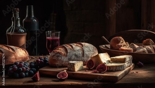 A rustic meal on a wooden table with bread, wine, and meat generated by AI