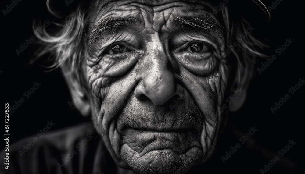 Smiling senior woman, fine art portrait, black and white monochrome generated by AI