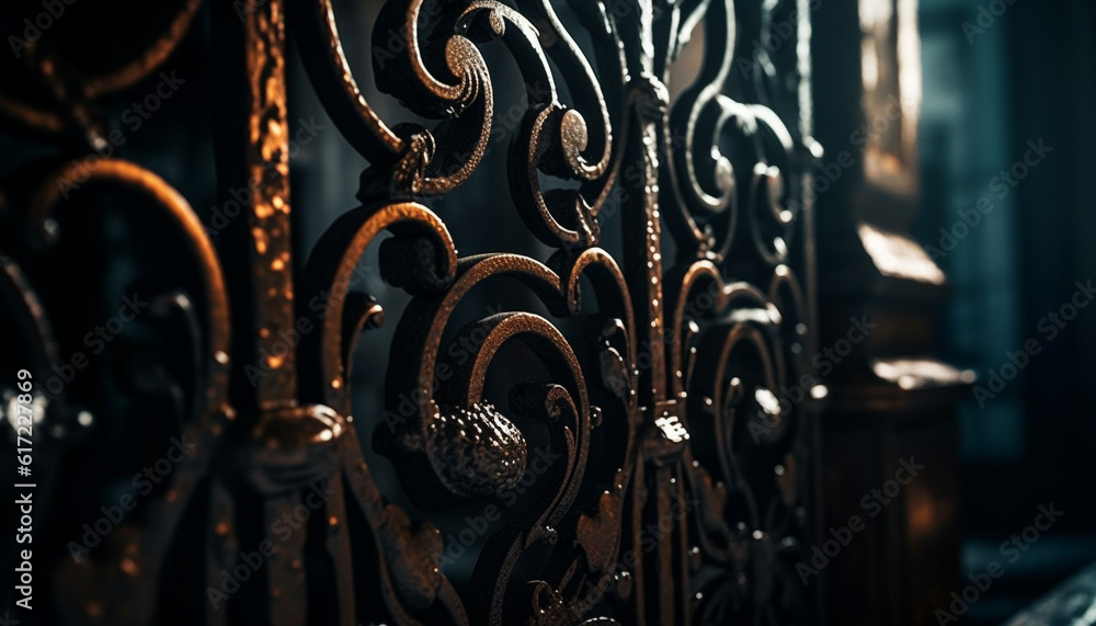 Wrought iron decoration on ancient building black window grid generated by AI Wrought iron decoration on ancient building black window grid generated by AI
