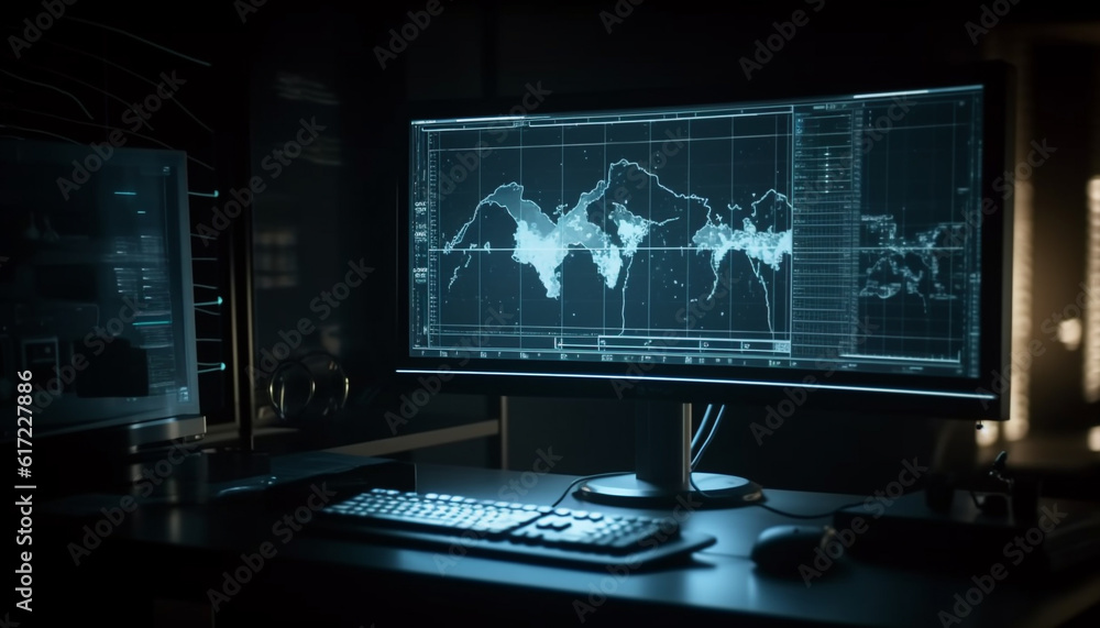 Modern businessman working on computer monitor, planning financial strategy generated by AI Modern businessman working on computer monitor, planning financial strategy generated by AI