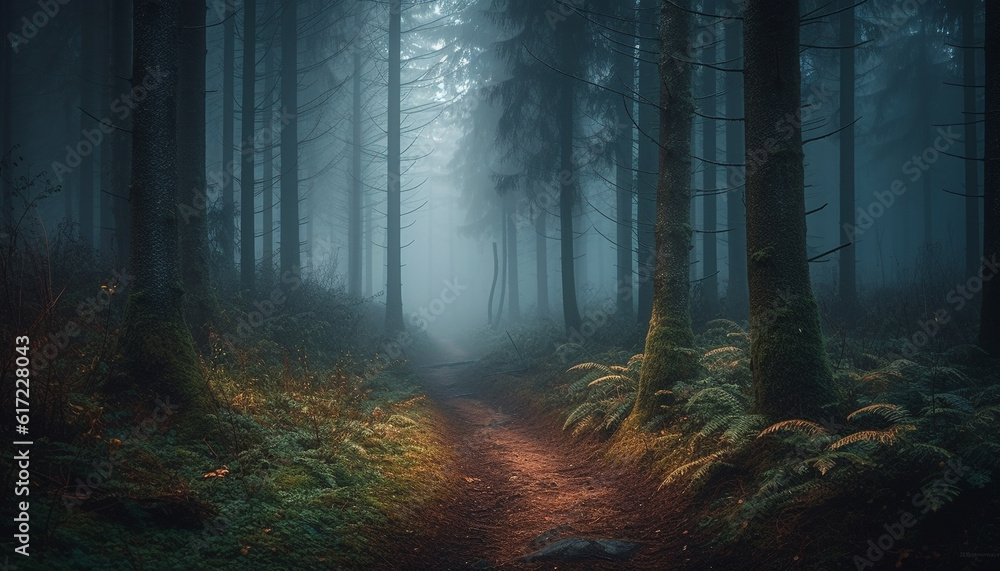 Fototapeta premium Spooky forest mystery dark, foggy, and wet with autumn leaves generated by AI