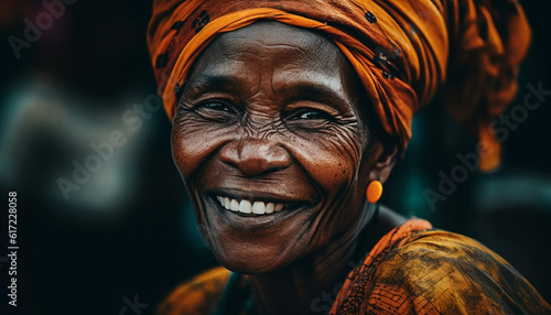 African woman radiates joy and confidence in traditional headscarf portrait generated by AI