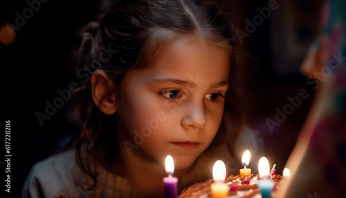 Smiling Caucasian girl celebrates birthday with small candle flame generated by AI