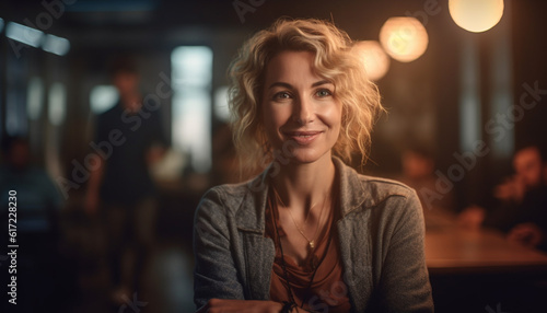 Fashionable young woman with blond hair enjoys city nightlife generated by AI