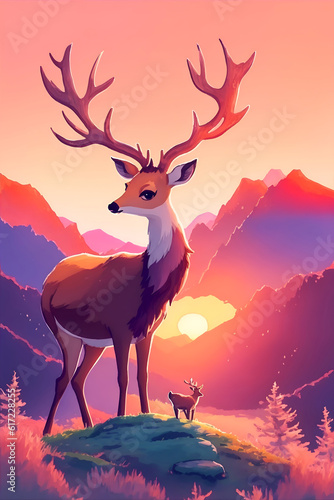 Deer stag in a moody dramatic mountain sunset landscape © MDRASEL