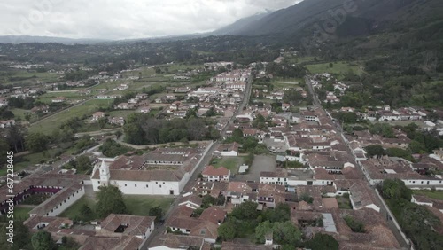 Aerial footage of beautiful town surrounded by mountains Villa de Leyva Colombia
