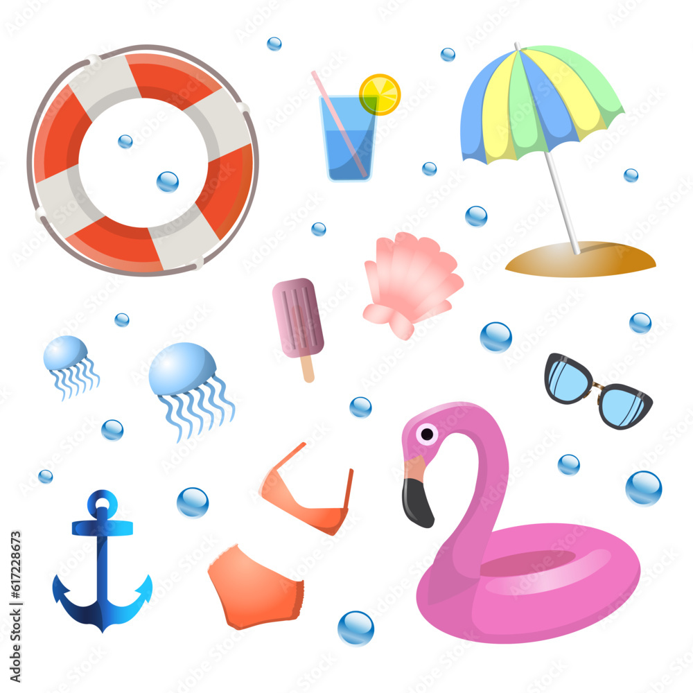 Vector Illustration. Big summer set of different stickers: jellyfish, sunglasses, ice cream, umbrella, shell, bubbles, Flamingo inflatable circle and cocktail.