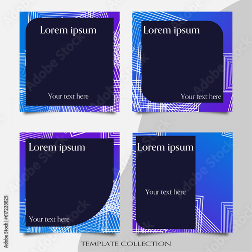 Geometric collection of social media posts in indigo color with space for photos or text. Advertising, sales, banners, posts. Vector illustration