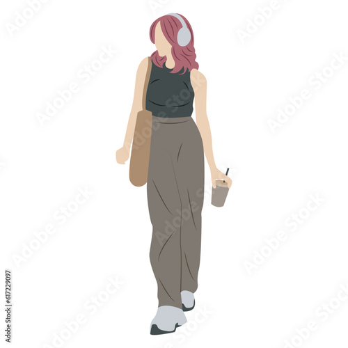 vector woman with headset and carrying coffee in casual style