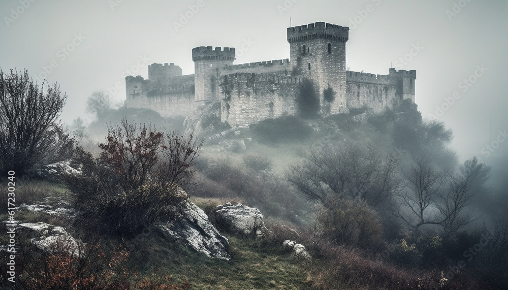 Fototapeta premium Ancient ruined architecture surrounded by fog in a spooky landscape generated by AI