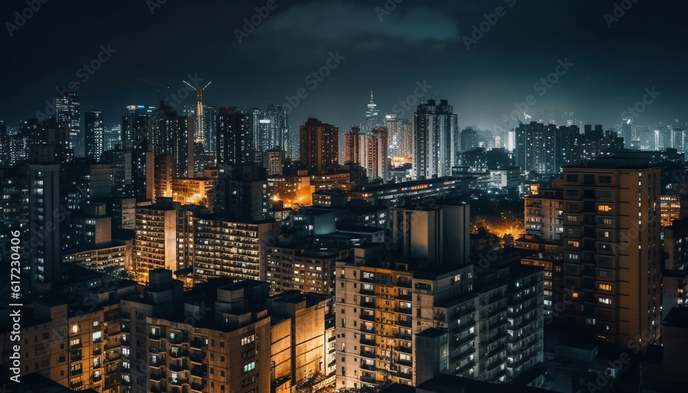 Glowing skyscrapers illuminate the crowded city street at night generated by AI