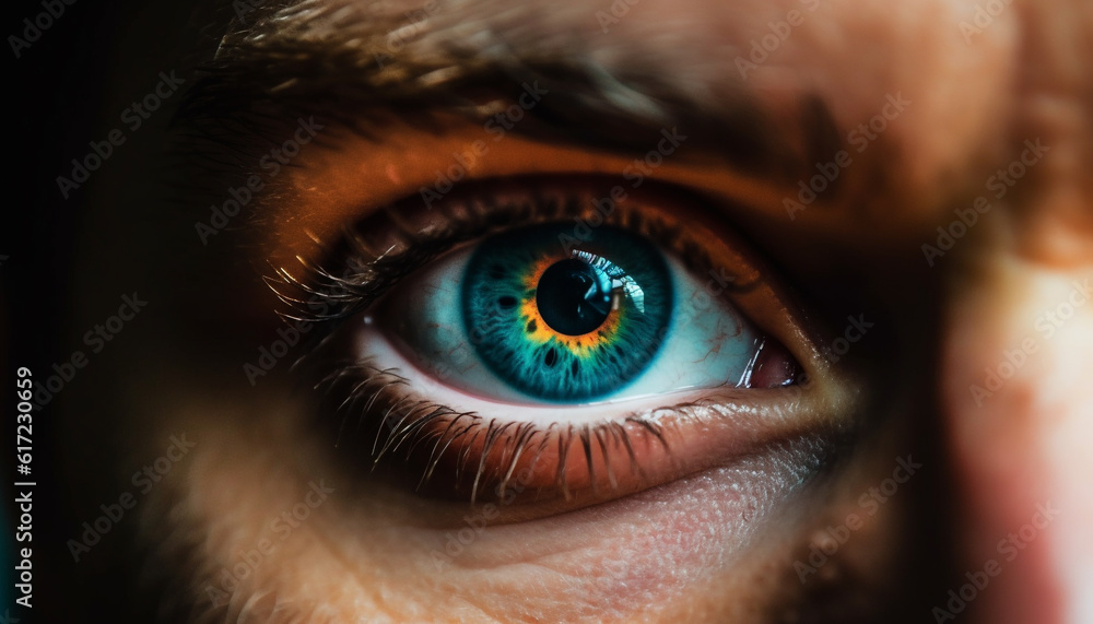 Fototapeta premium Caucasian woman close up portrait with blue eyes staring at camera generated by AI