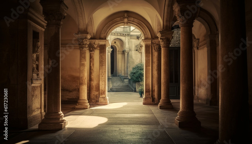 Ancient abbey entrance hall with gothic columns and marble altar generated by AI