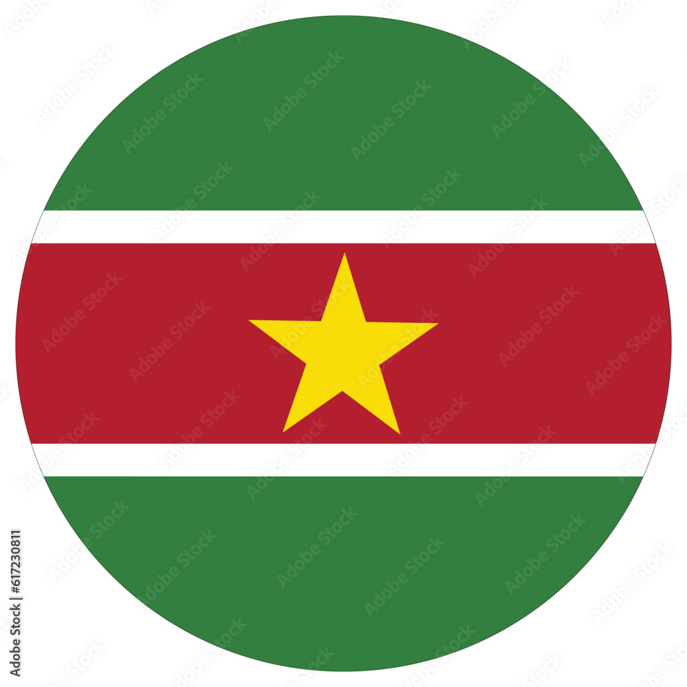Suriname flag in round circle design shape. Flag of Suriname design shape. Suriname flag in round circle design shape. Flag of Suriname design shape.
