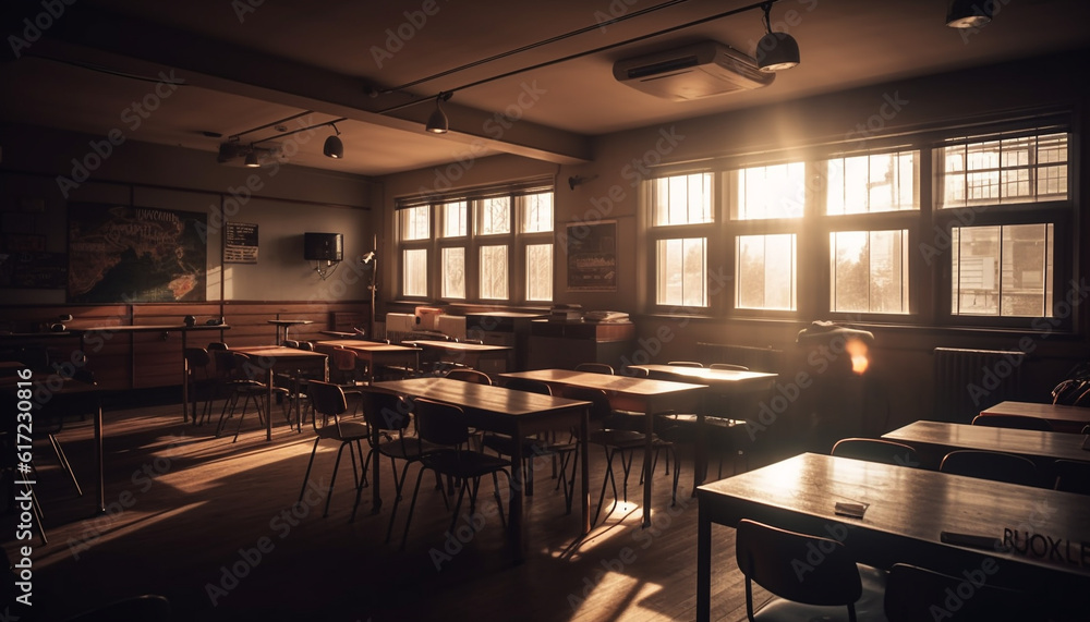 Modern classroom with empty chairs, wooden desk, and window lighting generated by AI