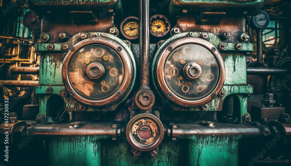Rusty machinery in old factory, metal worker repairing broken equipment generated by AI Rusty machinery in old factory, metal worker repairing broken equipment generated by AI