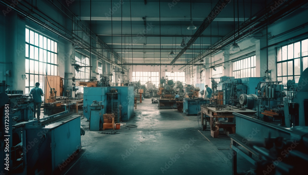 Metal worker standing inside modern metal industry workshop repairing machinery generated by AI