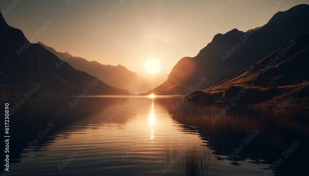 Tranquil sunset over majestic mountain range, reflecting in tranquil water generated by AI