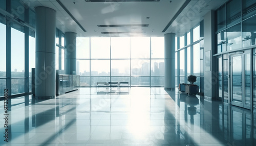 Futuristic office lobby with glass walls and clean flooring generated by AI