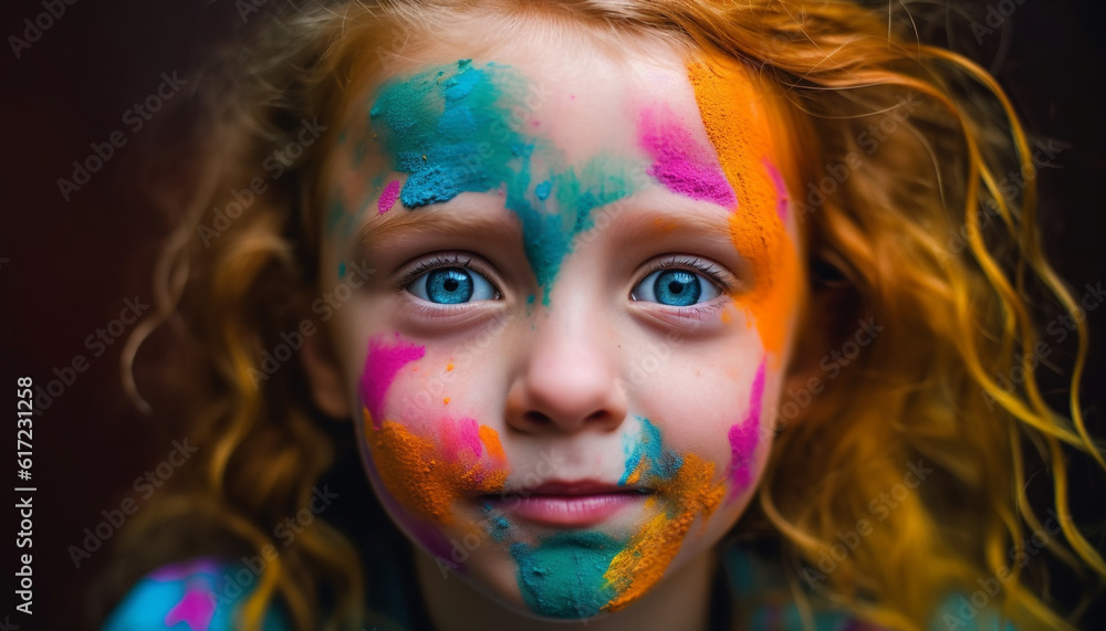 Cute preschool girl enjoys messy face paint in vibrant colors generated by AI
