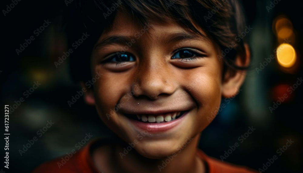Cute schoolboy with toothy smile enjoys carefree childhood indoors generated by AI Cute schoolboy with toothy smile enjoys carefree childhood indoors generated by AI