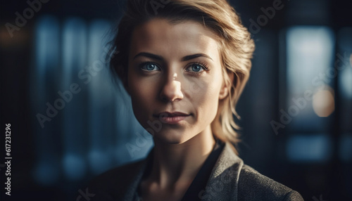 Confident young businesswoman standing outdoors, looking away with elegance generated by AI