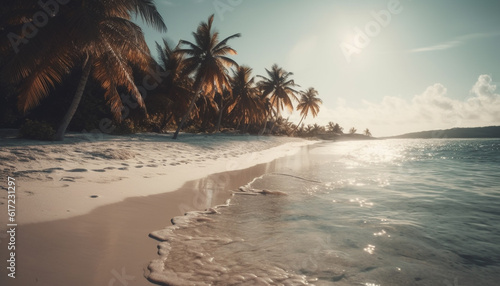 Idyllic palm tree sunset over tranquil Caribbean waters  pure beauty generated by AI