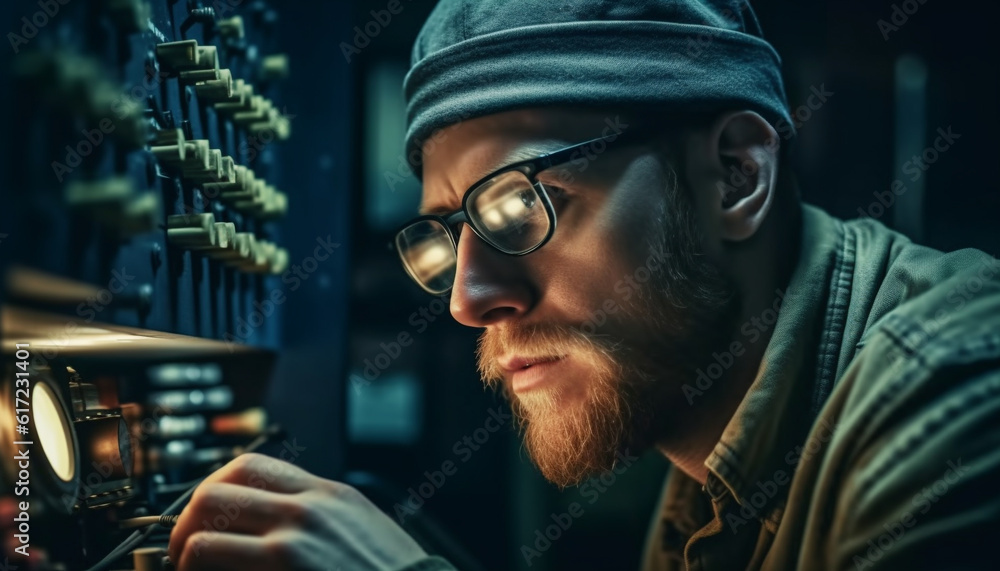Confident young adult male with beard and eyeglasses working indoors generated by AI Confident young adult male with beard and eyeglasses working indoors generated by AI