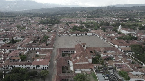 Footage drone flying central square of Villa de Leyva, Colombia