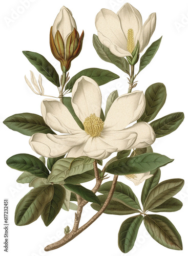 Magnolia flower isolated on transparent background, old botanical illustration