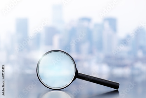 Survey of business economy. Investigation of company. Magnifier and cityscape.