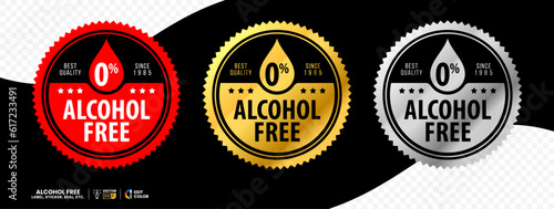 Alcohol free zero percent vector label with red gold and silver color. suitable for icon, logo, sticker, seal, badge, emblem, stamp, etc. 