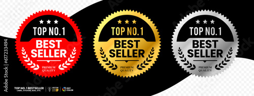 Top number one best seller vector label in red gold and silver color. suitable for icon, logo, sticker, seal, badge, emblem, stamp, etc. 
