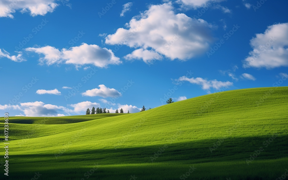 Fototapeta premium The landscape boasts a refreshing meadow alongside fluffy white clouds drifting lazily in the vast blue sky.. Generative AI