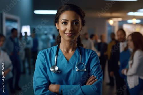 Smiling female doctor looking at camera and hands crossed Strong multi-ethnic professionals ready to handle emergencies and treat patients on night shifts.
