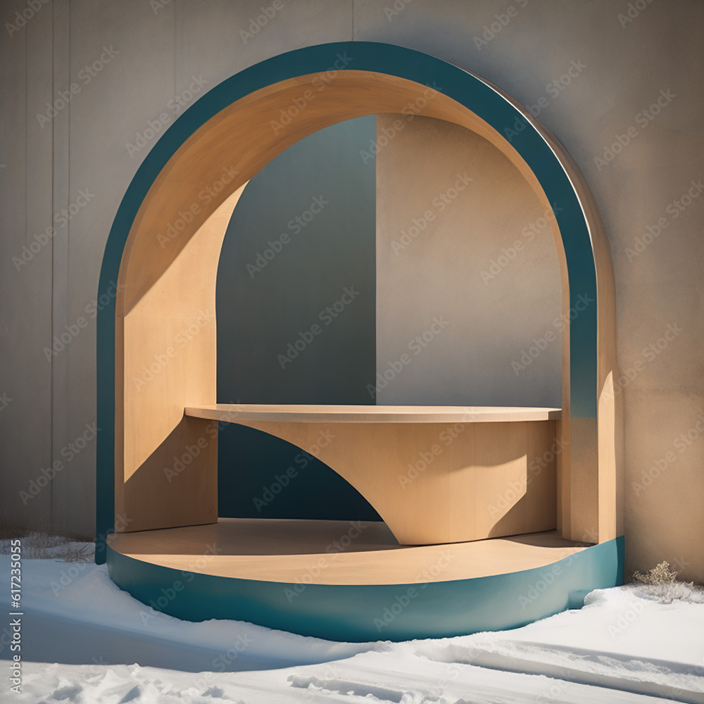Unoccupied camel chestnut concrete arc counter platform with surface detail, tender gorgeous dappling sunlight, against snowy wall for deluxe organic cosmetic, skincare, beauty treatment merchandise s Unoccupied camel chestnut concrete arc counter platform with surface detail, tender gorgeous dappling sunlight, against snowy wall for deluxe organic cosmetic, skincare, beauty treatment merchandise s