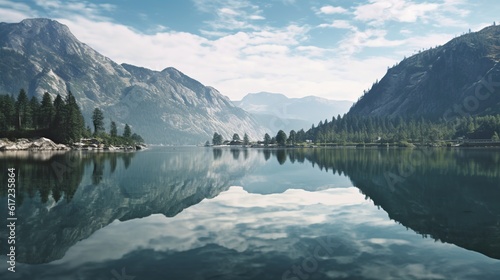 serene lakeside scene with a reflection of a majestic mountain Generative AI