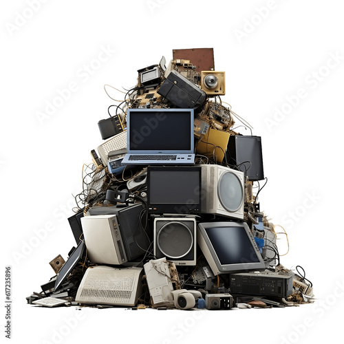 E-waste heap for recycling isolated on transparent background. AI Generated