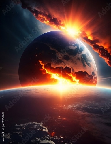 sun and earth. a planets colliding into another during the day creating an epic explotion of high quality complex 8k ultra realistic shadows.